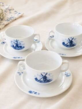 Vintage Dutch Delft Blue Tea Cups Saucers Set Of 3 Windmill Holland Ter Steege